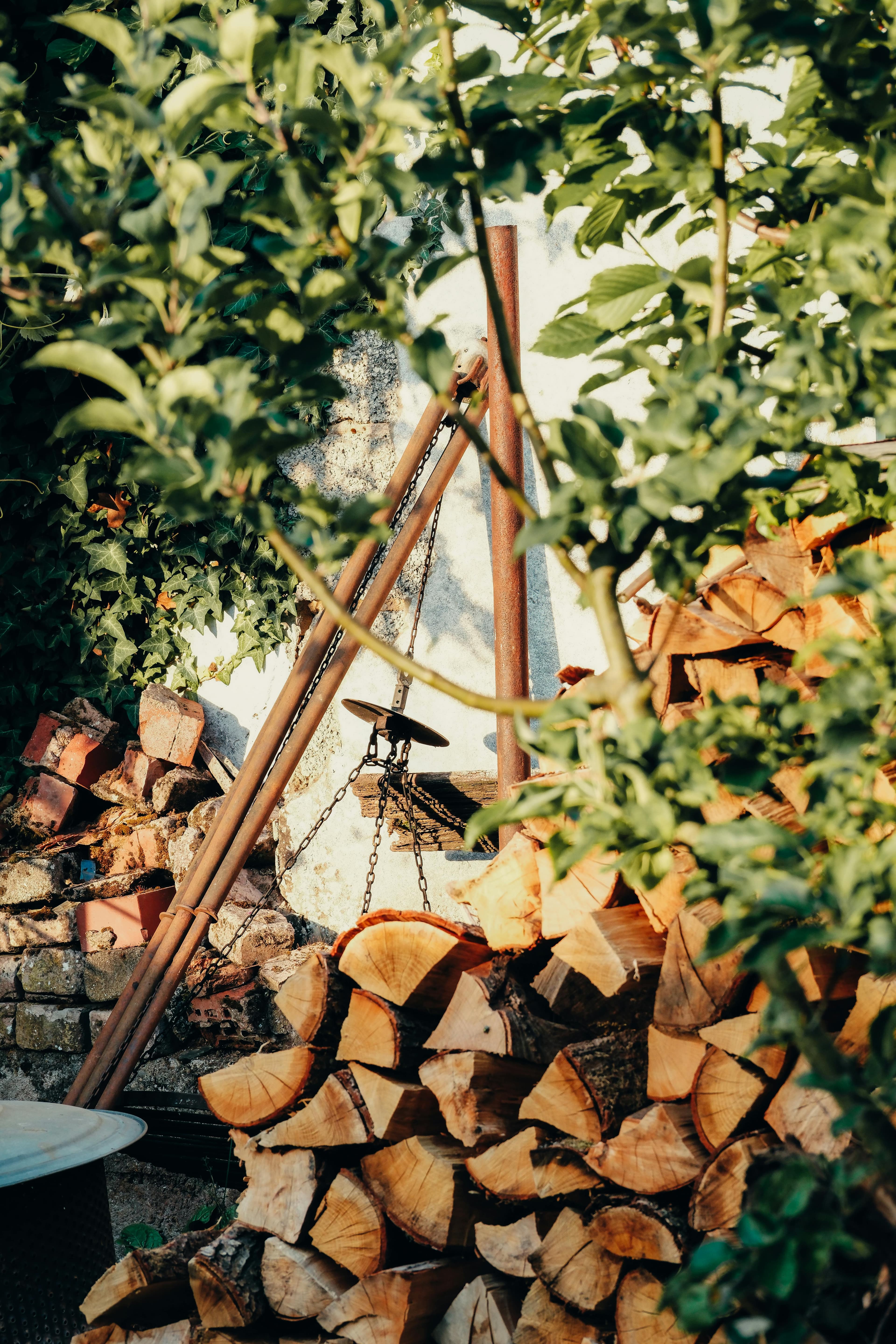 A wood-fired sauna stove and stacked firewood